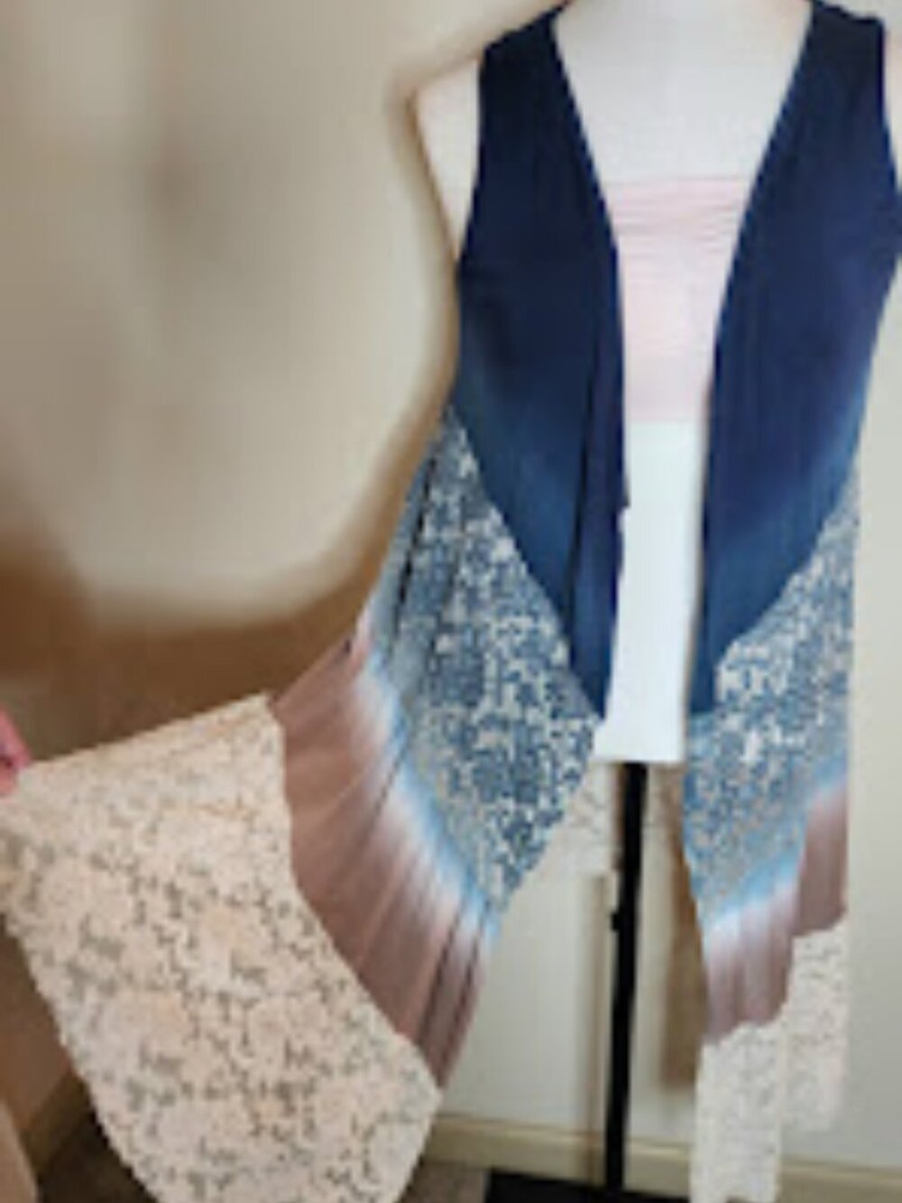 Umgee Boho Lace Floral Knit Layering Vest Kimono Cream Teal Fringe